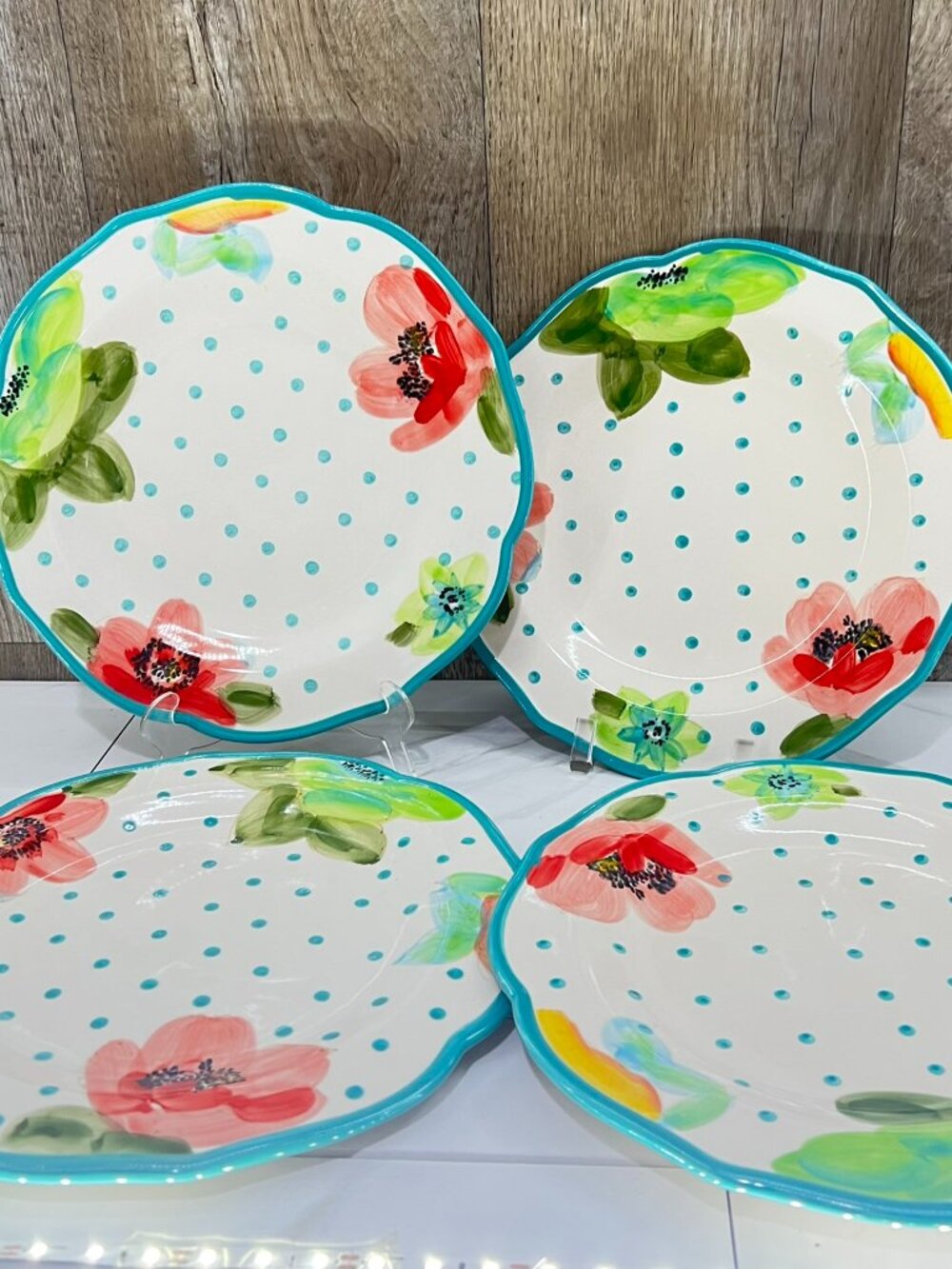 NEW 4-Pioneer Woman Floral Turquoise Vintage Bloom Dinner Plate 10.5" Polka Dot